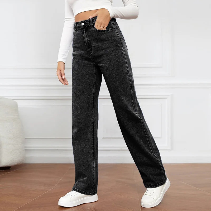 High Waist Denim Straight Pants