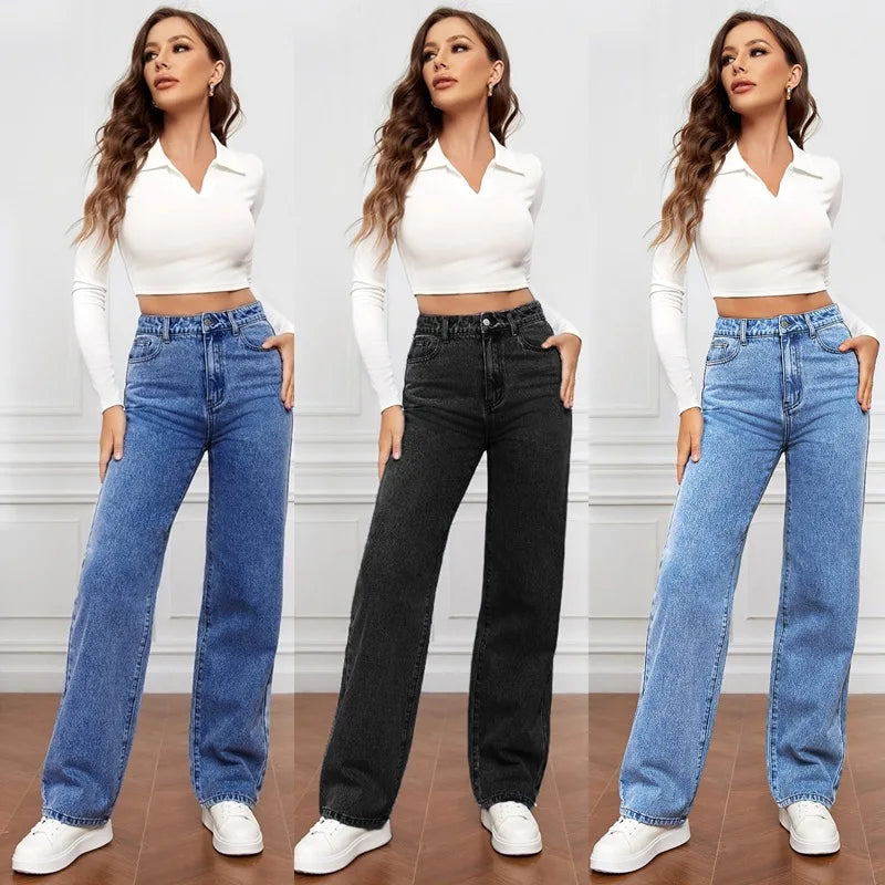 High Waist Denim Straight Pants